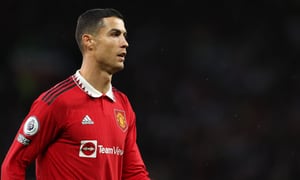 MANCHESTER, ENGLAND - OCTOBER 30: Cristiano Ronaldo of Manchester United during the Premier League game between Manchester United and West Ham United at Old Trafford on October 30, 2022 in Manchester, United Kingdom. (Photo by Matthew Ashton - AMA/Getty Images)