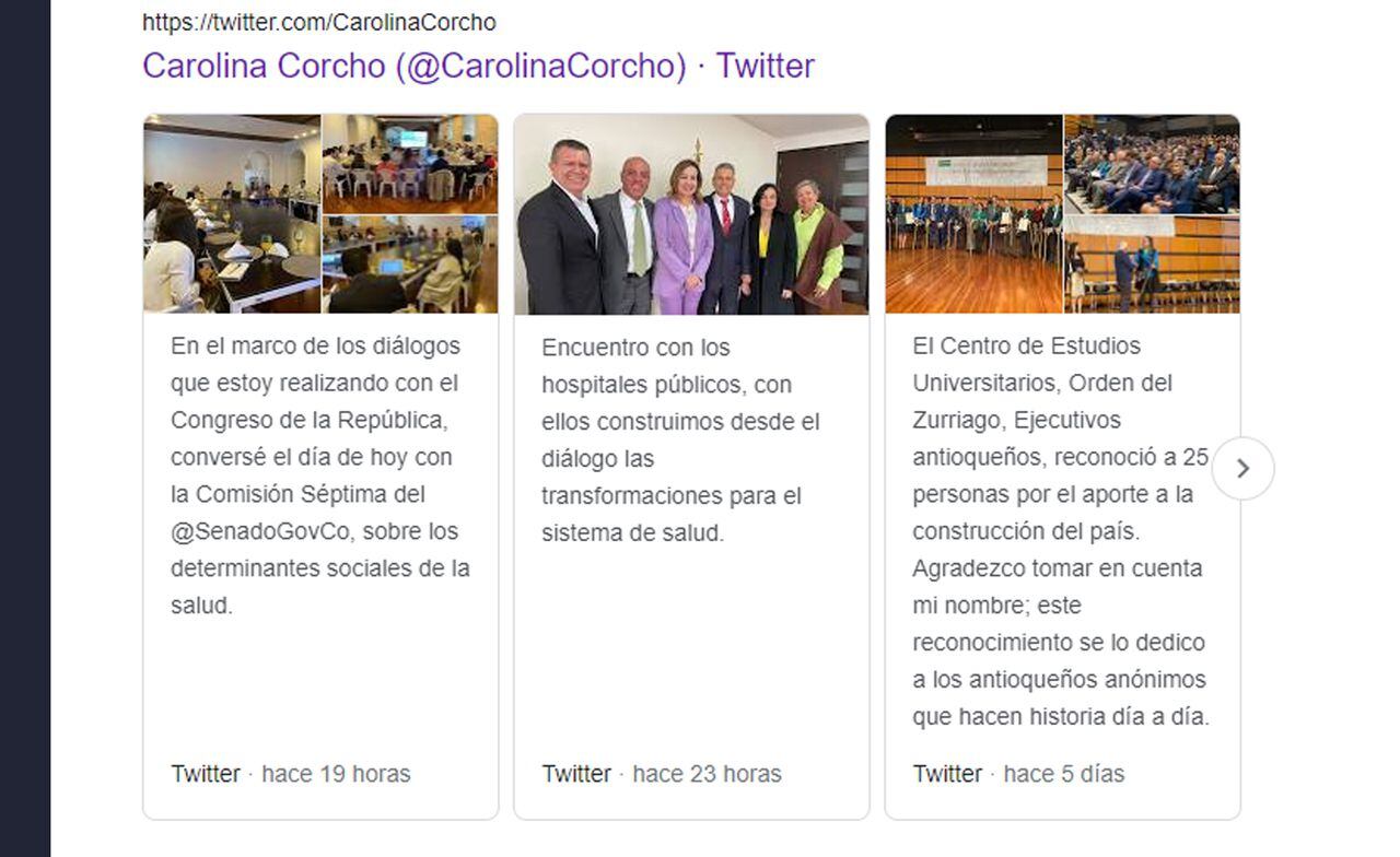 Trinos de Carolina Corcho en el buscador de Google.