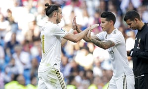 MADRID, SPAIN - OCTOBER 5: (L-R) Gareth Bale of Real Madrid, James Rodriguez of Real Madrid during the La Liga Santander match between Real Madrid v Granada at the Santiago Bernabeu on October 5, 2019 in Madrid Spain (Photo by David S. Bustamante/Soccrates/Getty Images)