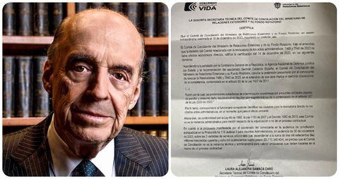 El canciller Álvaro Leyva y el certificado de la secretaria del Comité de Conciliación tras una reunión extraordinaria este 18 de diciembre.