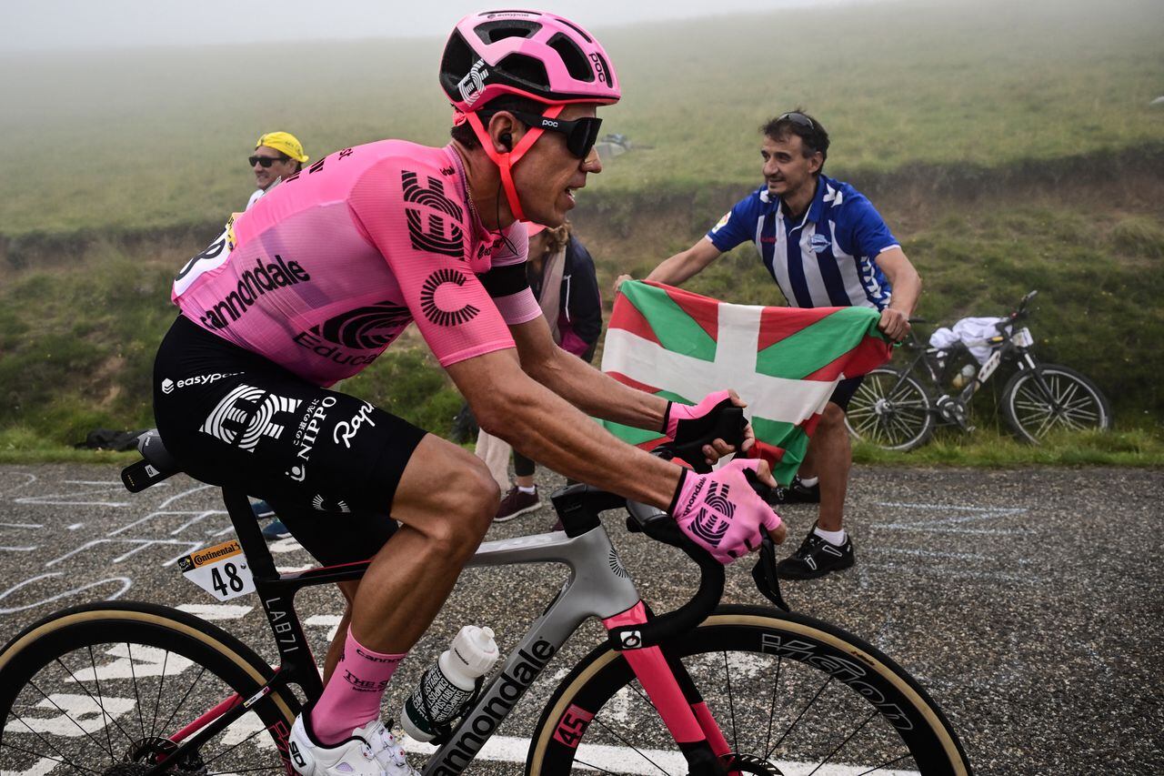 EF Education - Easypost's Colombian rider Rigoberto Uran cycles on the Col de Soudet during the 5th stage of the 110th edition of the Tour de France cycling race, 163 km between Pau and Laruns, in the Pyrenees mountains in southwestern France, on July 5, 2023. (Photo by Marco BERTORELLO / AFP)