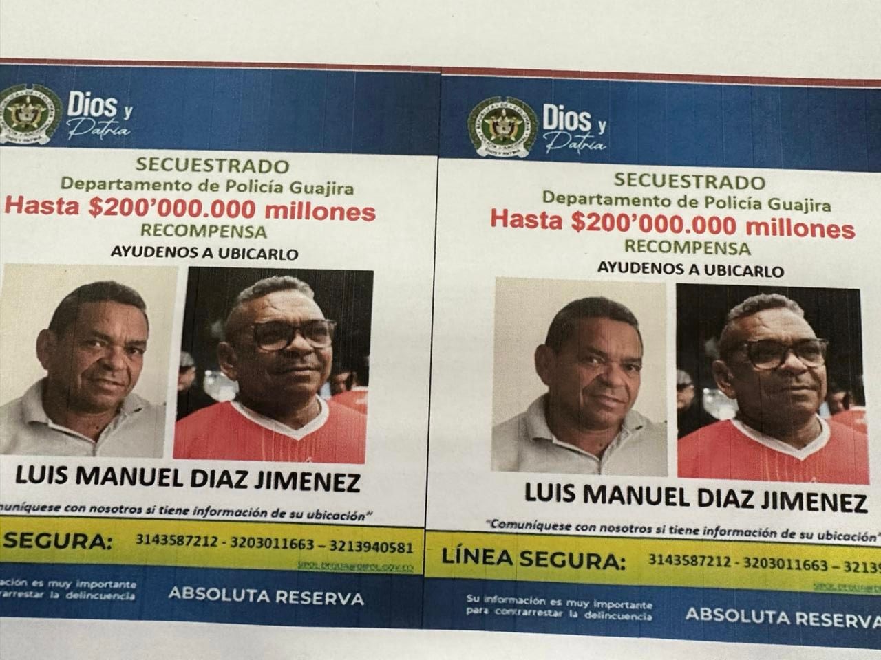 Policía aumentó a 200 millones de pesos recompensa por información del secuestro del papá del futbolista Luis Díaz.