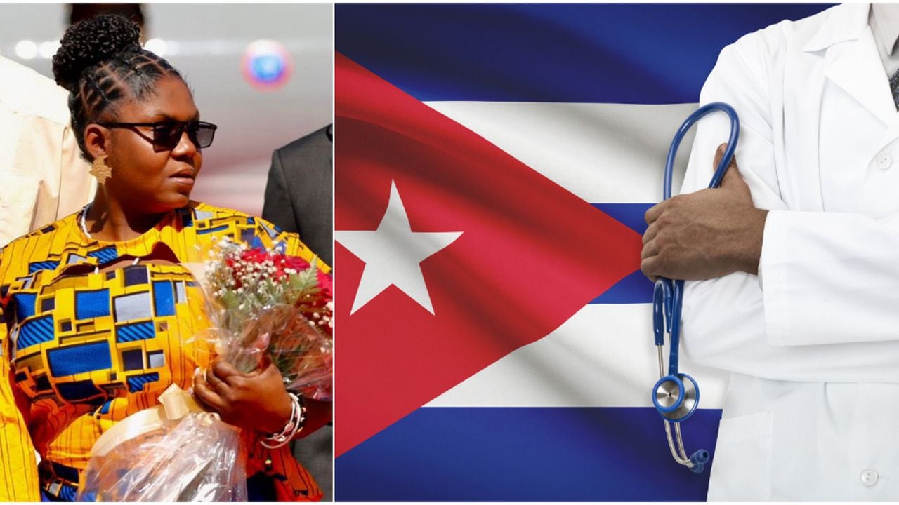 La vicepresidenta colombiana Francia Márquez (de amarillo y gafas de sol) llegando a La Habana (Cuba). A la derecha, la bandera de Cuba y una imagen de referencia de un médico