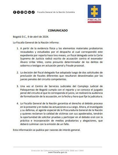 Description: Este es el comunicado emitido por la Fiscalía, sobre el llamado a juicio del expresidente Álvaro Uribe.