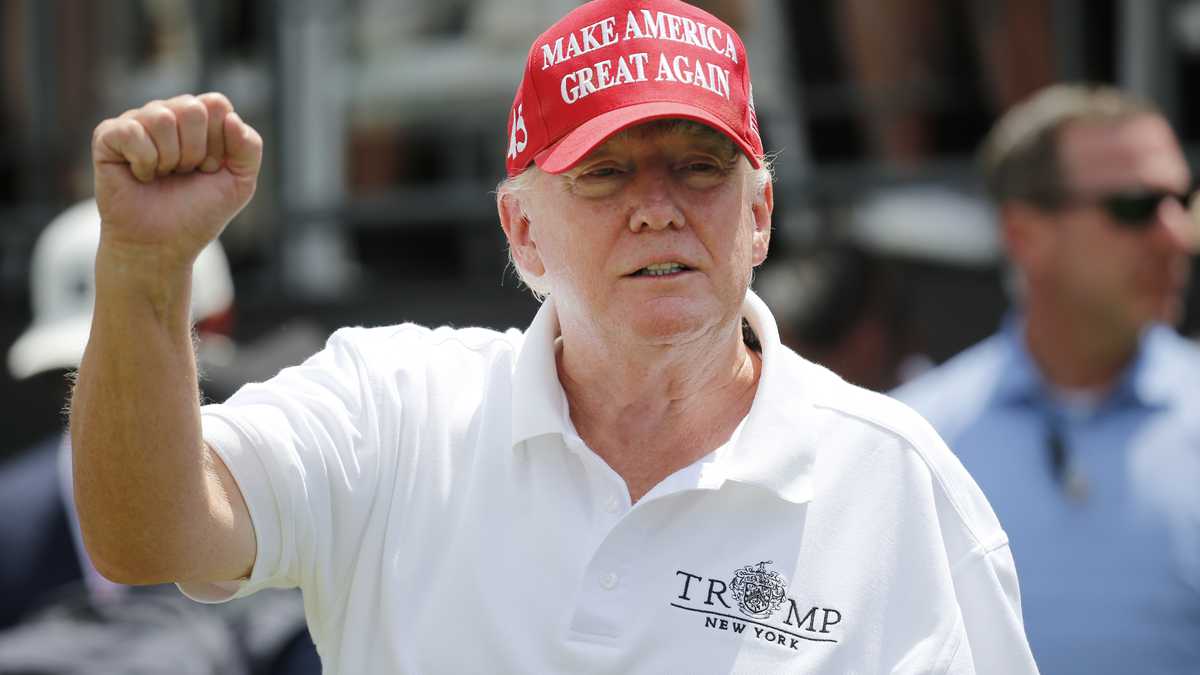 BEDMINSTER, NEW JERSEY - JULY 31: Former U.S. President Donald Trump is seen on the first tee during day three of the LIV Golf Invitational - Bedminster at Trump National Golf Club Bedminster on July 31, 2022 in Bedminster, New Jersey. (Photo by Jonathan Ferrey/LIV Golf via Getty Images)