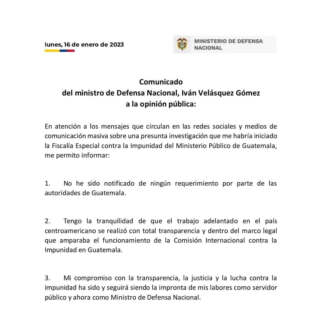 Comunicado de prensa del ministro Velásquez sobre su caso en Guatemala.