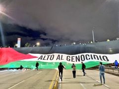 La bandera de Palestina se exhibió a las afueras del Campín. RTVC Noticias