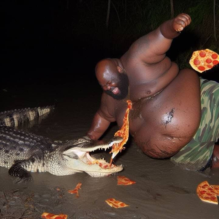 En la foto se ve al hombre "pelear" con el caimán por una pizza de pepperoni