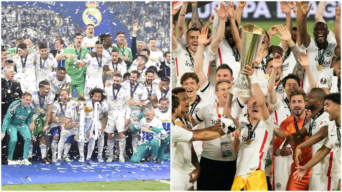 Jugadores del Real Madrid y el Eintracht Frankfurt celebran el título de la Champions League y Europa League, respectivamente.