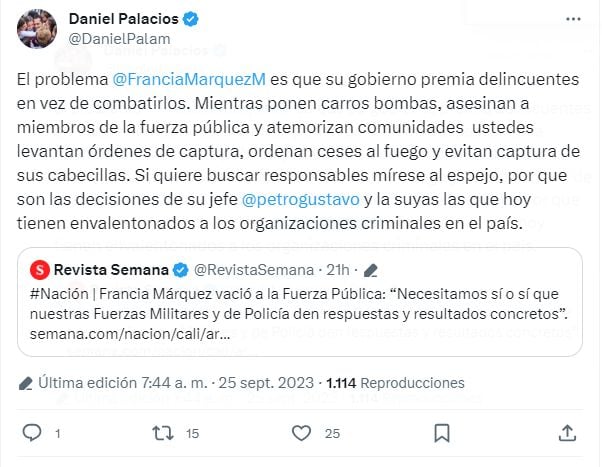 Trino del exministro Daniel Palacios contra Francia Márquez.