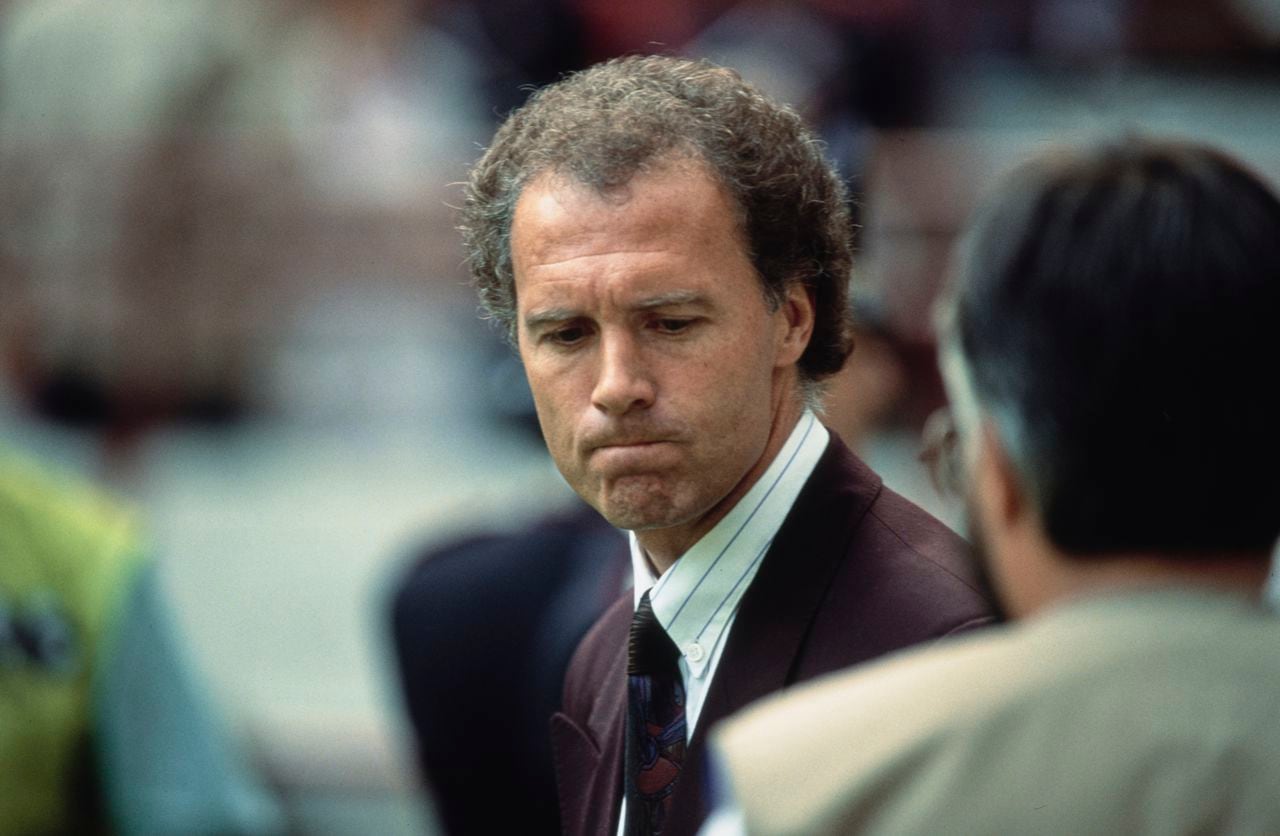 German football manager and former footballer Franz Beckenbauer, manager of the West Germany national team, during his team's Group D match against Colombia at the 1990 FIFA World Cup, held at the San Siro in Milan, Italy, 19th June 1990. The match finished 1-1. (Photo by Bongarts/Getty Images)