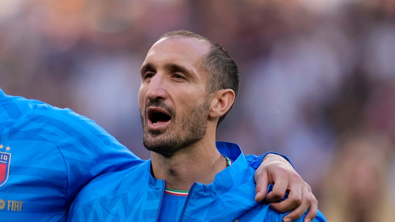 Italy's Giorgio Chiellini stands prior to the start of the Finalissima soccer match between Italy and Argentina at Wembley Stadium in London , Wednesday, June 1, 2022. (AP Photo/Matt Dunham)