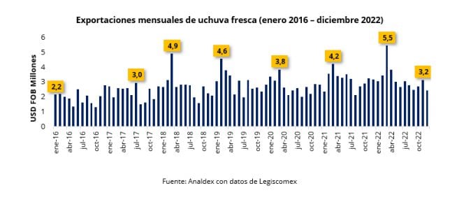 Así se ha venido comportando las exportaciones mensuales de uchuva fresca entre el 2016 al 2022.