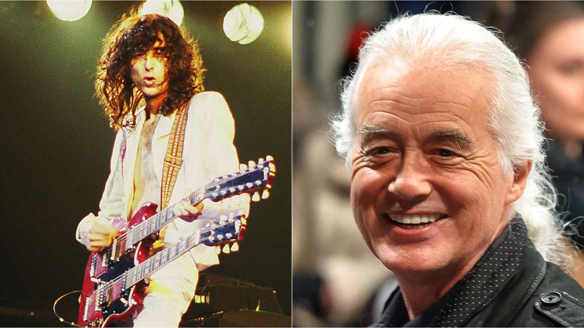 Jimmy Page en un concierto en Chicago en 1977, y en los premios Echo, en 2013.