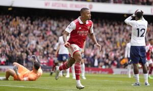 Arsenal's Gabriel Jesus celebrates after scoring his side's second goal during the English Premier League soccer match between Arsenal and Tottenham Hotspur, at Emirates Stadium, in London, England, Saturday, Oct. 1, 2022. (AP Photo/Kirsty Wigglesworth)