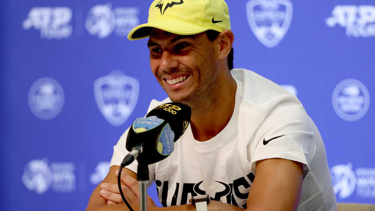 MASON, OHIO - AUGUST 14: Rafael Nadal of Spain fields questions from the media during the Western & Southern Open at Lindner Family Tennis Center on August 14, 2022 in Mason, Ohio.   Matthew Stockman/Getty Images/AFP (Photo by MATTHEW STOCKMAN / GETTY IMAGES NORTH AMERICA / Getty Images via AFP)