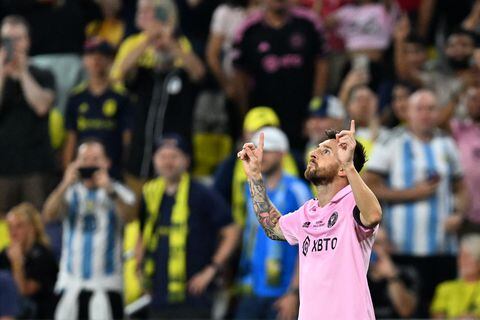 Inter Miami's Argentine forward #10 Lionel Messi celebrates after scoring a goal during the Leagues Cup final football match between Nashville SC and Inter Miami in at Geodis Park in Nashville, Tennessee, on August 19, 2023. (Photo by CHANDAN KHANNA / AFP)