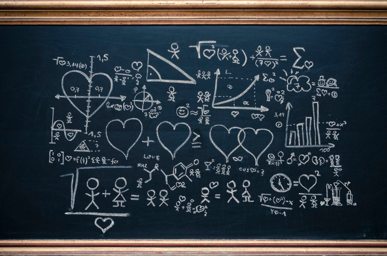 Fórmula matemática del amor escrita en un tablero.