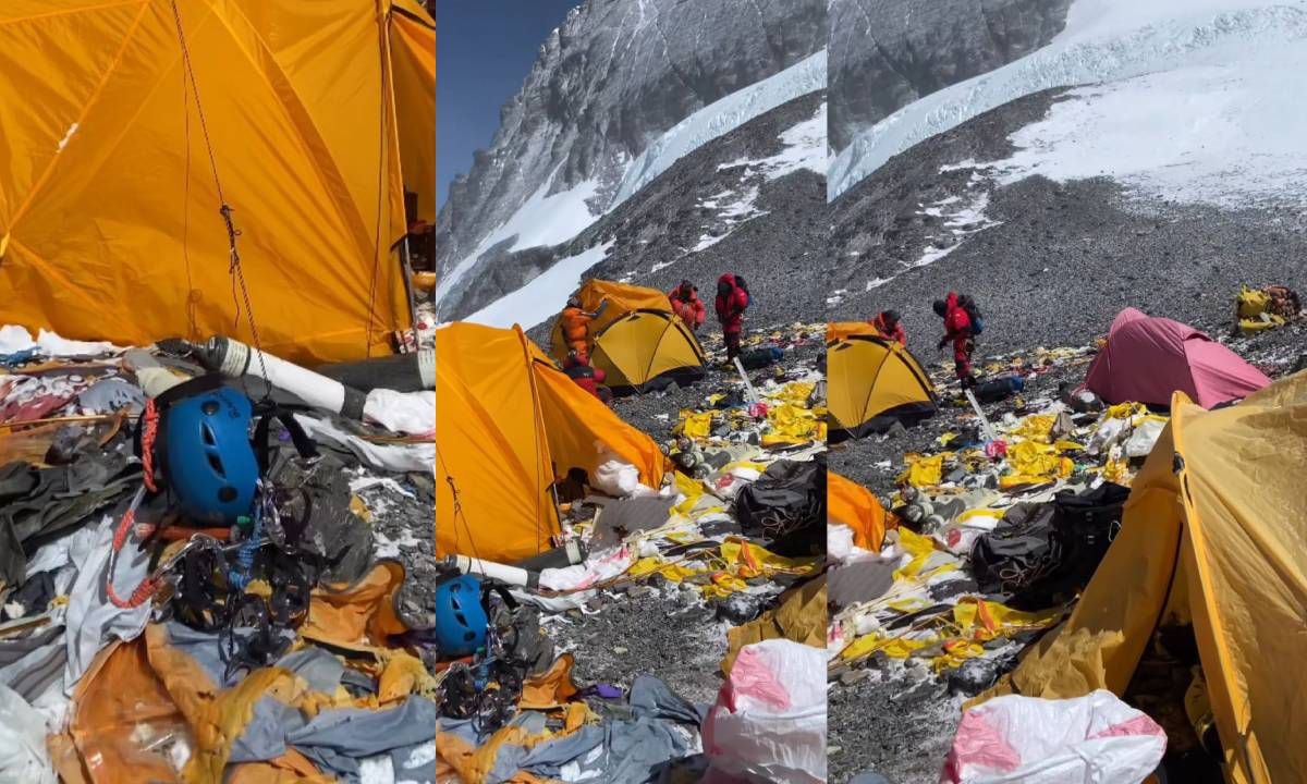 Los sherpas limpian los residuos que los montañistas dejan al subir las montañas en el Himalaya