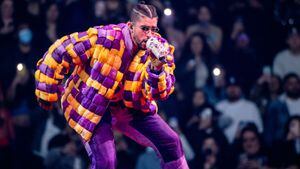 LOS ANGELES, CALIFORNIA - FEBRUARY 24: Bad Bunny performs at Crypto.com Arena on February 24, 2022 in Los Angeles, California. (Photo by Timothy Norris/Getty Images)