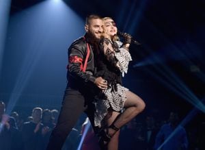 LAS VEGAS, NV - MAY 01:  (L-R) Maluma and Madonna perform onstage during the 2019 Billboard Music Awards at MGM Grand Garden Arena on May 1, 2019 in Las Vegas, Nevada.  (Photo by John Shearer/Getty Images for dcp)