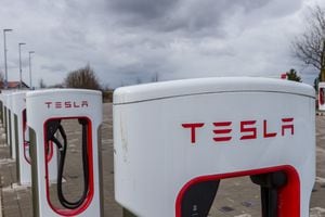 ULM, GERMANY - MARCH 17: (BILD ZEITUNG OUT) TESLA logo on a charging station on March 17, 2021 in Ulm, Germany. (Photo by Harry Langer/DeFodi Images via Getty Images)