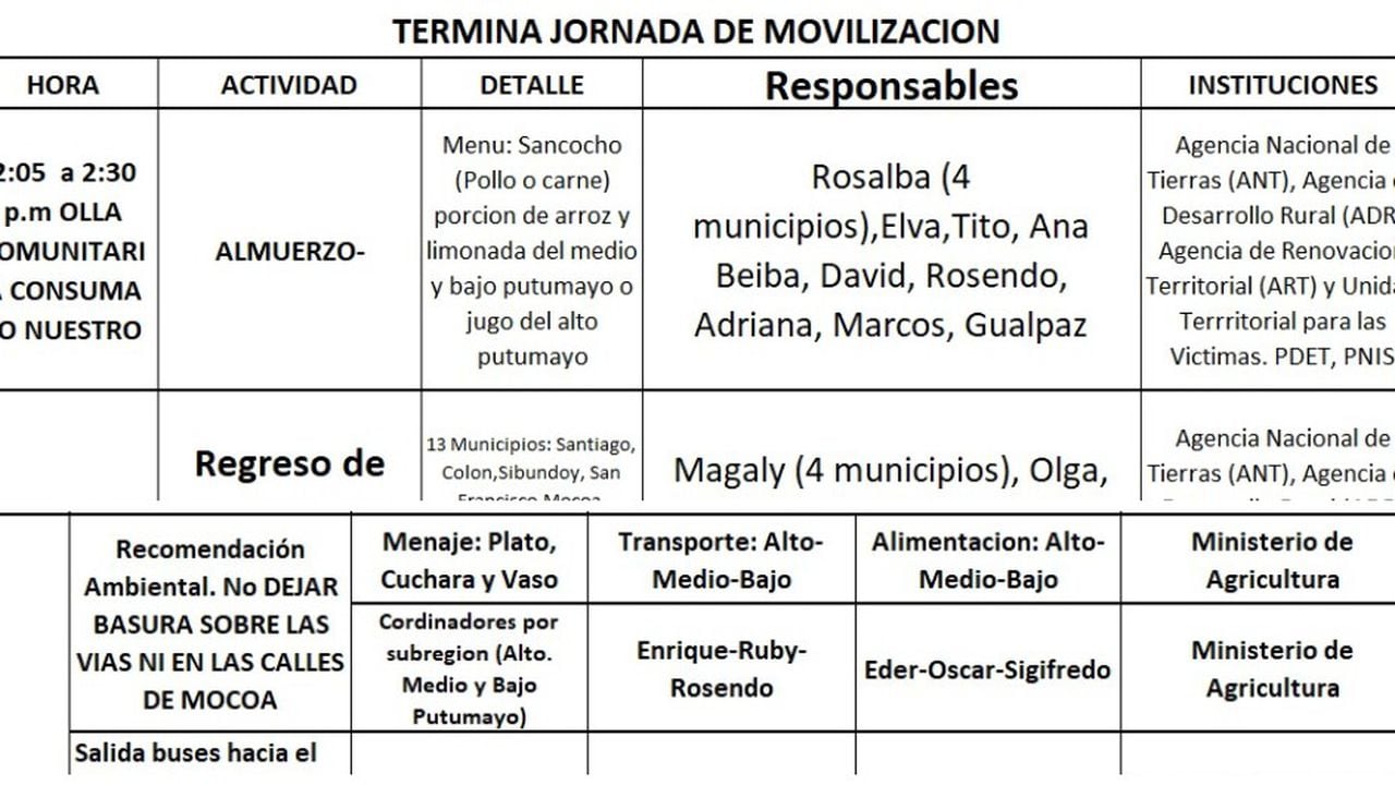 Este es el cronograma que circula en Putumayo donde se confirma la intervención de entidades del gobierno en las movilizaciones de este 27 de septiembre.