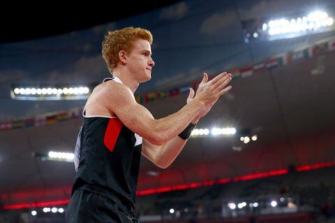 BEIJING, CHINA - AUGUST 24:  Shawnacy Barber of Canada applauds during the Men's Pole Vault final during day three of the 15th IAAF World Athletics Championships Beijing 2015 at Beijing National Stadium on August 24, 2015 in Beijing, China.  (Photo by Cameron Spencer/Getty Images)