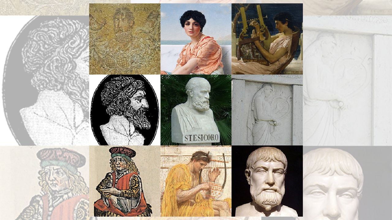 Mosaico con algunos de los principales poetas griegos: Alcmán, Safo, Alceo de Mitilene, Anacreonte, Estesícoro, Íbico, Simónides de Ceos, Baquílides, Píndaro.
