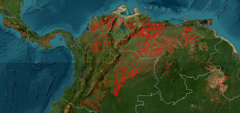 Puntos calientes o de incendio en Colombia y Venezuela.