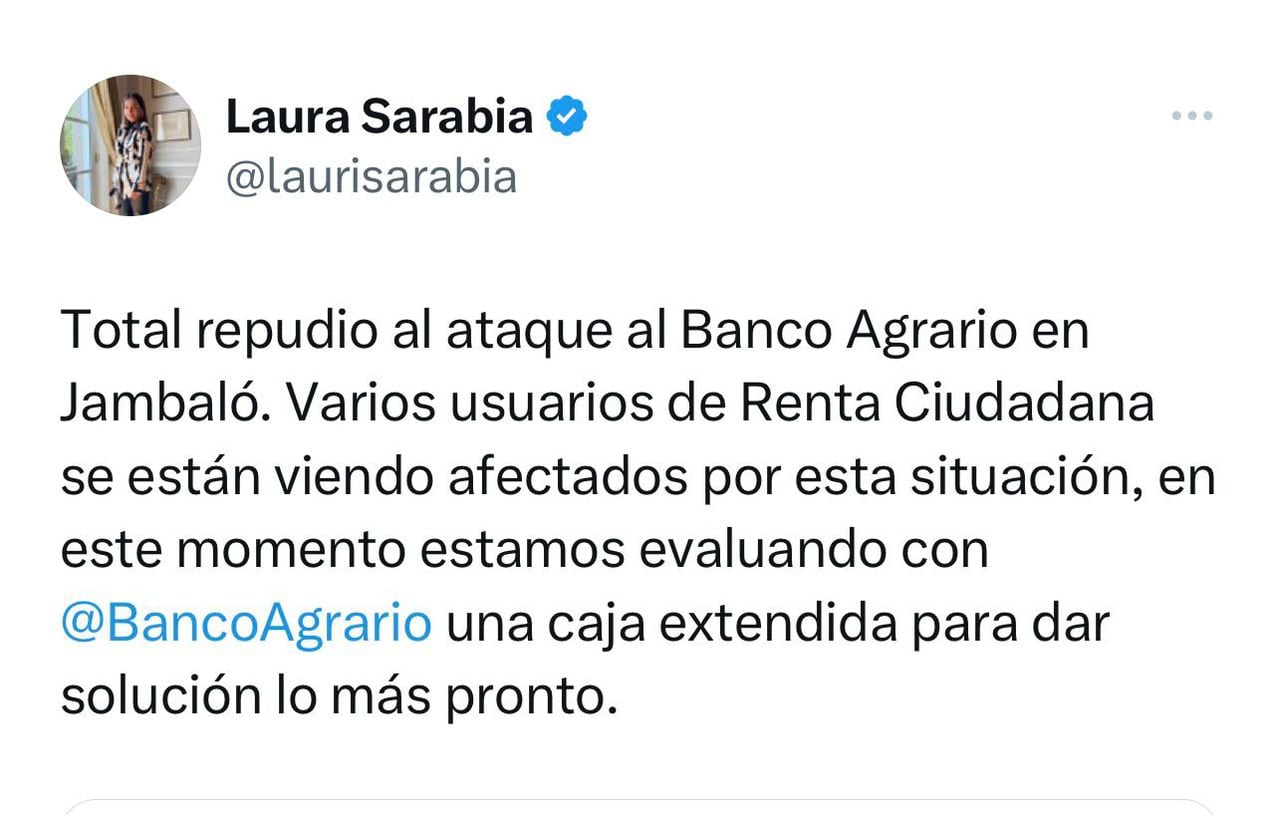 Laura Sarabia sobre ataque al banco Agrario en Cauca