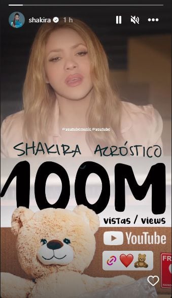 Canción 'Acróstico', de Shakira, suma 100 millones de reproducciones en YouTube.
