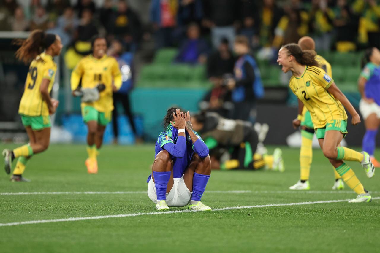 Brazil's Geyse reacts to a 0-0 tie during the Women's World Cup Group F soccer match between Jamaica and Brazil in Melbourne, Australia, Wednesday, Aug. 2, 2023. (AP Photo/Victoria Adkins)