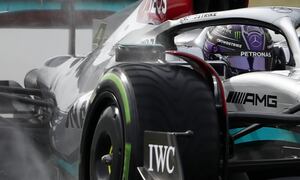 Mercedes driver Lewis Hamilton of Britain steers his car during a Formula One pre-season testing session at the Catalunya racetrack in Montmelo, just outside of Barcelona, Spain, Friday, Feb. 25, 2022. (AP Photo/Joan Monfort)