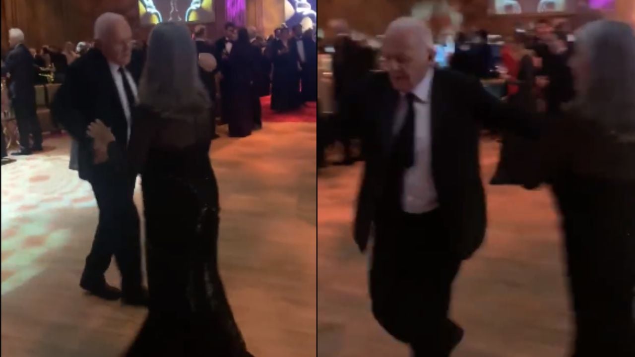 Anthony Hopkins bailando con su pareja durante la fiesta de los Premios Óscar.