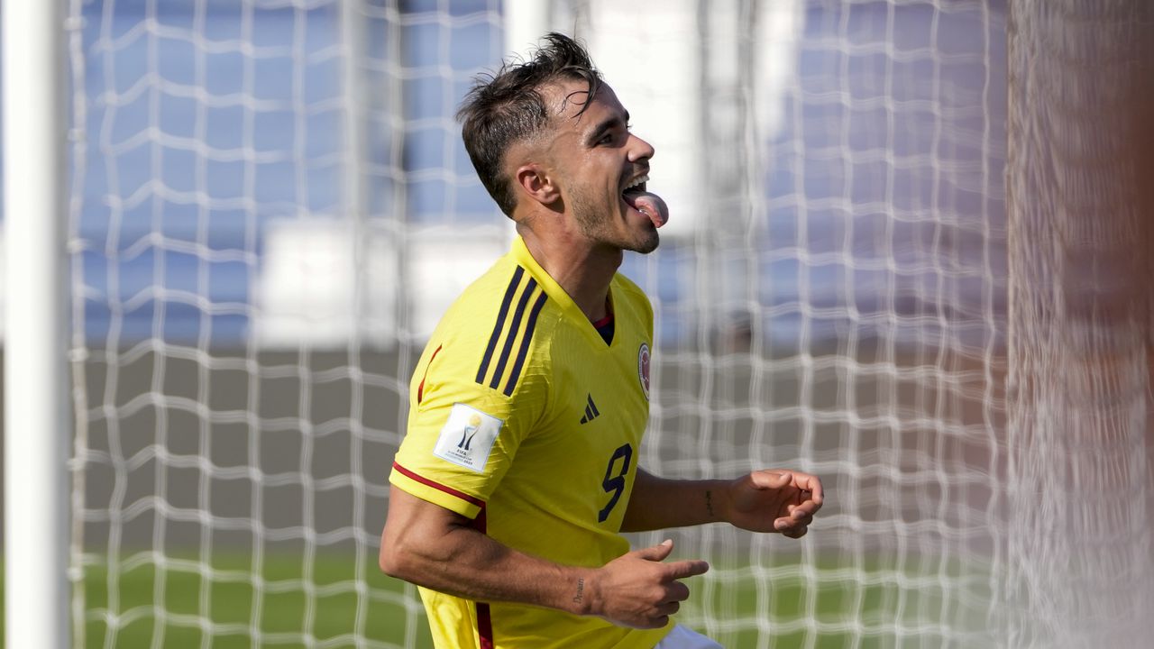 Colombia's Tomas Angel celebrates scoring his side's 4th goal against Slovakia during a FIFA U-20 World Cup round of 16 soccer match at the Bicentenario stadium in San Juan, Argentina, Wednesday, May 31, 2023. (AP Photo/Ricardo Mazalan)