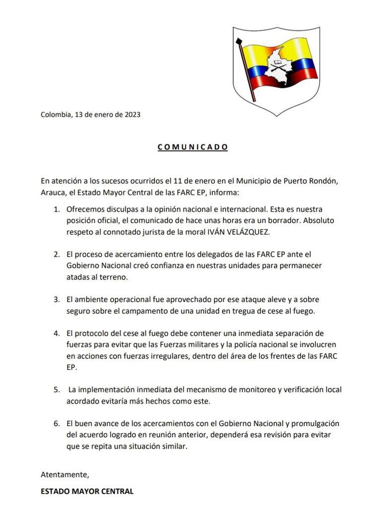 Supuesto comunicado del Estad Mayor Central, grupo disidente de las Farc, refiriéndose a los combates con el ELN en Arauca.