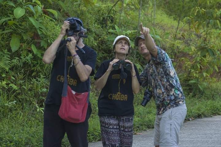 Julián Parra junto con algunos turistas en medio de un tour de avistamiento de aves.