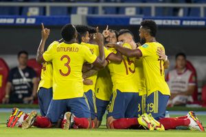 Players of Colombia celebrate after Miguel Borja secured his side's second goal against Chile during a qualifying soccer match for the FIFA World Cup Qatar 2022 in Barranquilla, Colombia, Thursday, Sept. 9, 2021. (AP Photo/Fernando Vergara)