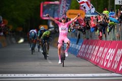 PRATI DI TIVO, ITALY - MAY 11: Tadej Pogacar of Slovenia and UAE Team Emirates - Pink Leader Jersey celebrates at finish line as stage winner during the 107th Giro d'Italia 2024, Stage 8 a 152km stage from Spoleto to Prati di Tivo 1451m / #UCIWT / on May 11, 2024 in Prati di Tivo, Italy. (Photo by Dario Belingheri/Getty Images)