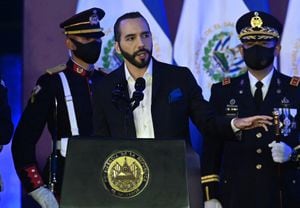 Salvadoran President Nayib Bukele delivers a speech during the commemoration of the Day of the Salvadoran Soldier and the 197th anniversary of the Salvadoran Armed Forces, at the Captain General Gerardo Barrios Military School, in Antiguo Cuscatlan, El Salvador, on May 7, 2021. (Photo by MARVIN RECINOS / AFP)