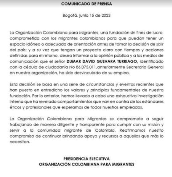 Comunicado de la Organización Colombiana para Migrantes