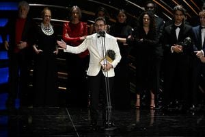 Spanish film director Juan Antonio Bayona delivers a speech as he receives the Best Film award for "La sociedad de la nieve" (Society of snow) at the 38th Goya Awards ceremony in Valladolid, on February 10, 2024. (Photo by JAVIER SORIANO / AFP)