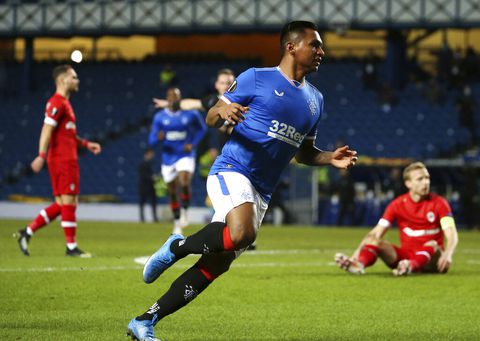 Rangers' Alfredo Morelos celebrates scoring the first goal of the game against Royal Antwerp during their Europa League soccer match at the Ibrox Stadium in Glasgow, Scotland, Thursday Feb. 25, 2021. (Andrew Milligan/PA via AP)