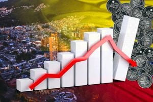 Economy chart: down arrow, Colombian flag, new 10,000 pesos coins and Bogota city