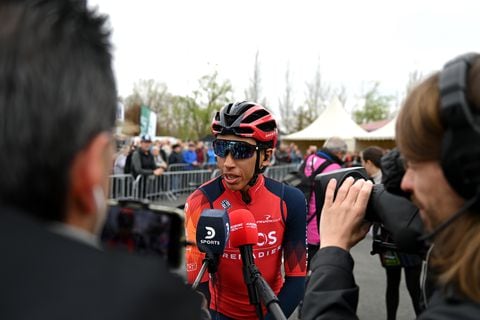 VITORIA-GASTEIZ, SPAIN - APRIL 03: Egan Bernal of Colombia and Team INEOS Grenadiers attends to the media press prior to the 2nd Itzulia Basque Country, Stage 1 a 165.4km stage from Vitoria-Gasteiz to Labastida 527m / #Itzulia2023 / on April 03, 2023 in Vitoria-Gasteiz, Spain. (Photo by David Ramos/Getty Images)