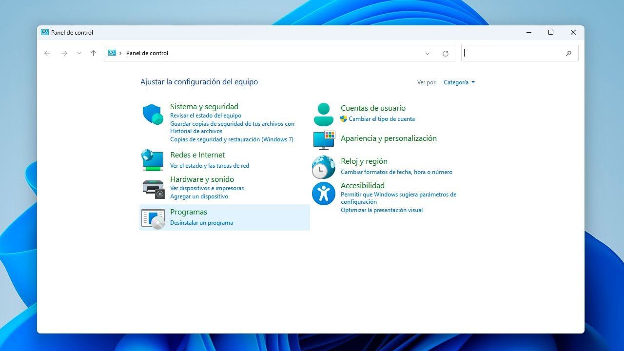 Panel de control permite acceder a diferentes funcionalidades de Windows 11.