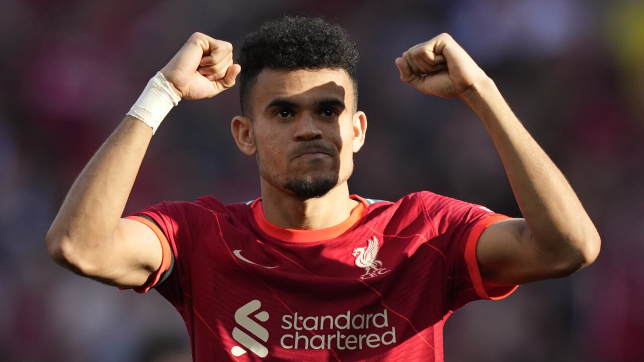 Liverpool's Luis Diaz applauds fans at the end of the English FA Cup semifinal soccer match between Manchester City and Liverpool at Wembley stadium in London, Saturday, April 16, 2022. (AP/Frank Augstein)