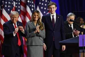 WEST PALM BEACH, FLORIDA - NOVEMBER 06: Republican presidential nominee, former U.S. President Donald Trump dances on stage with former first lady Melania Trump and Barron Trump during an election night event at the Palm Beach Convention Center on November 06, 2024 in West Palm Beach, Florida. Americans cast their ballots today in the presidential race between Republican nominee former President Donald Trump and Vice President Kamala Harris, as well as multiple state elections that will determine the balance of power in Congress. John Moore/Getty Images/AFP (Photo by JOHN MOORE / GETTY IMAGES NORTH AMERICA / Getty Images via AFP)