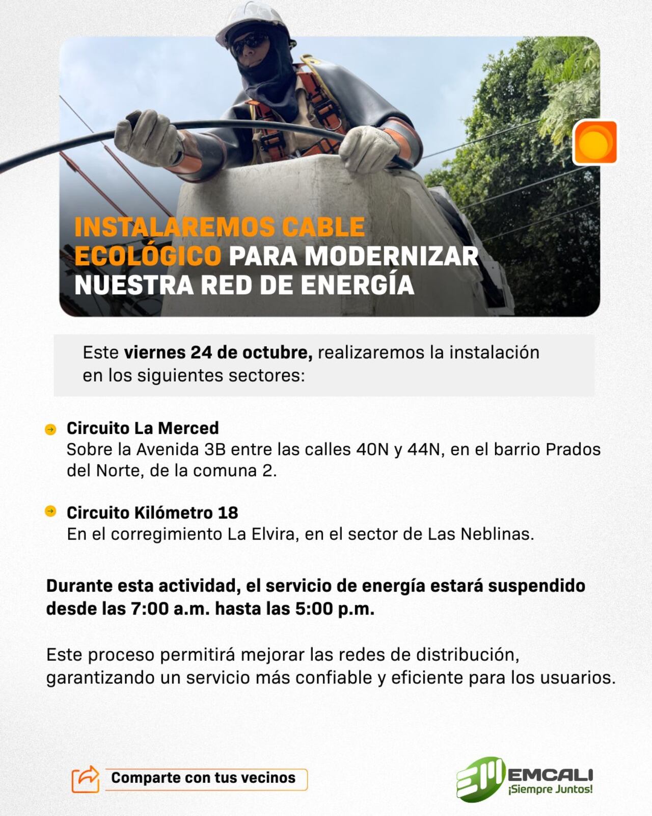 Emcali confirmó que este viernes, 24 de octubre, habrá cortes de luz en algunos sectores.